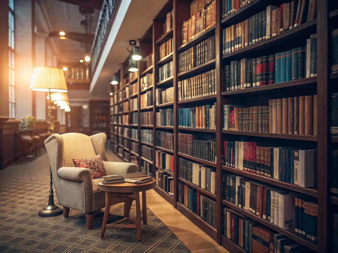 A cozy reading corner in the AOSRCG library, filled with books and historical documents related to Provençal culture, with researchers and students engaged in study.
