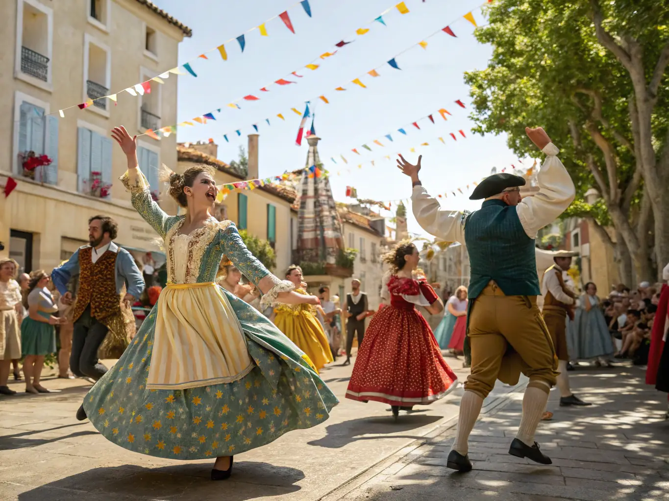 A vibrant scene from the AOSRCG cultural center, depicting a Provençal folk dance performance, with musicians and dancers in traditional attire entertaining an audience.