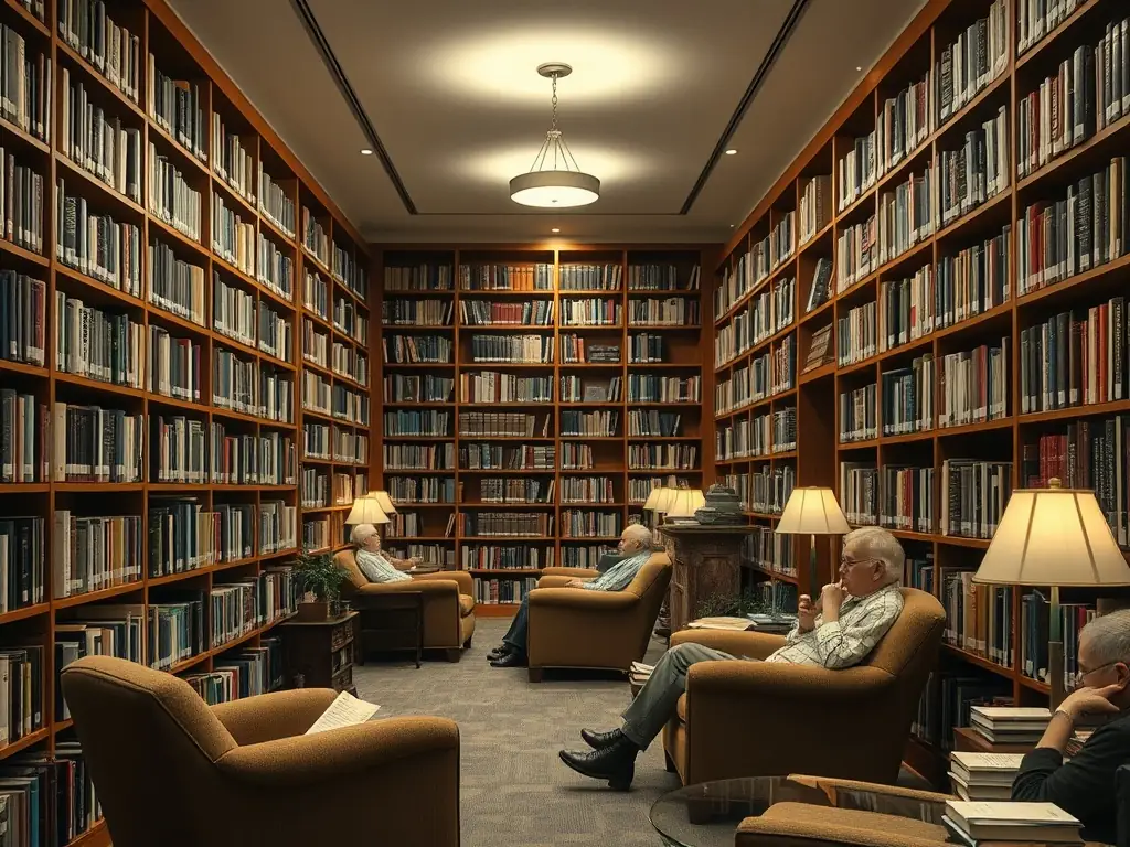A serene image of the AOSRCG library, featuring researchers and visitors exploring the collection of books and documents related to Provençal history and culture.